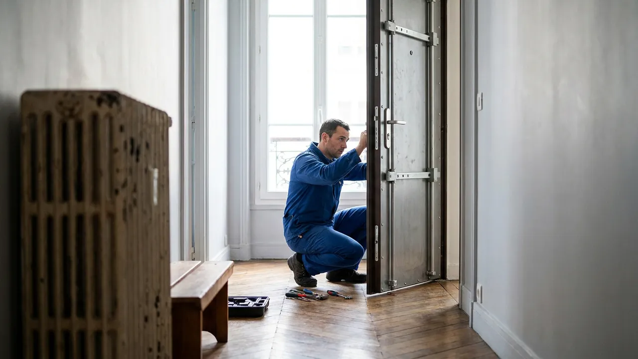 Pose d'un blindage sur une porte d'appartement dans une résidence d'Igny